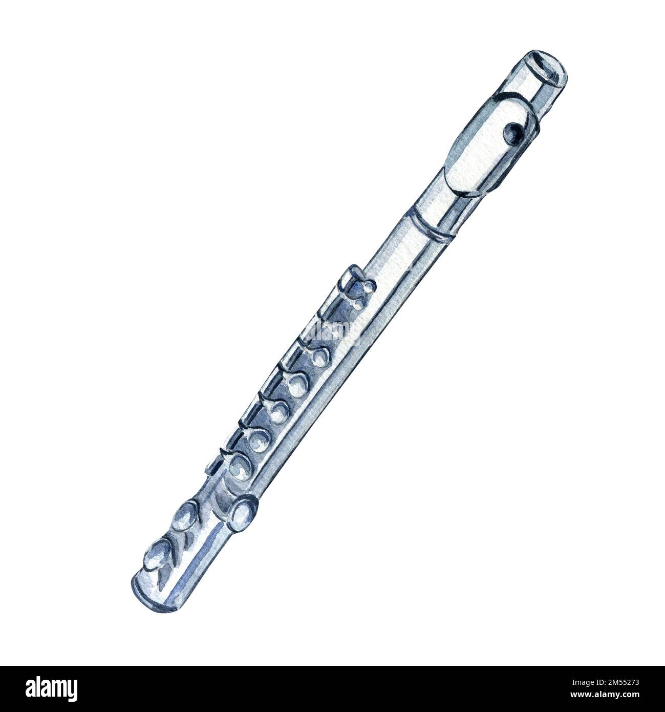 Illustration aquarelle d'instrument de musique à vent clarinette sur fond blanc. Orchestre symphonique Piccolo instrument de bois dessiné à la main. Elément pour d Banque D'Images