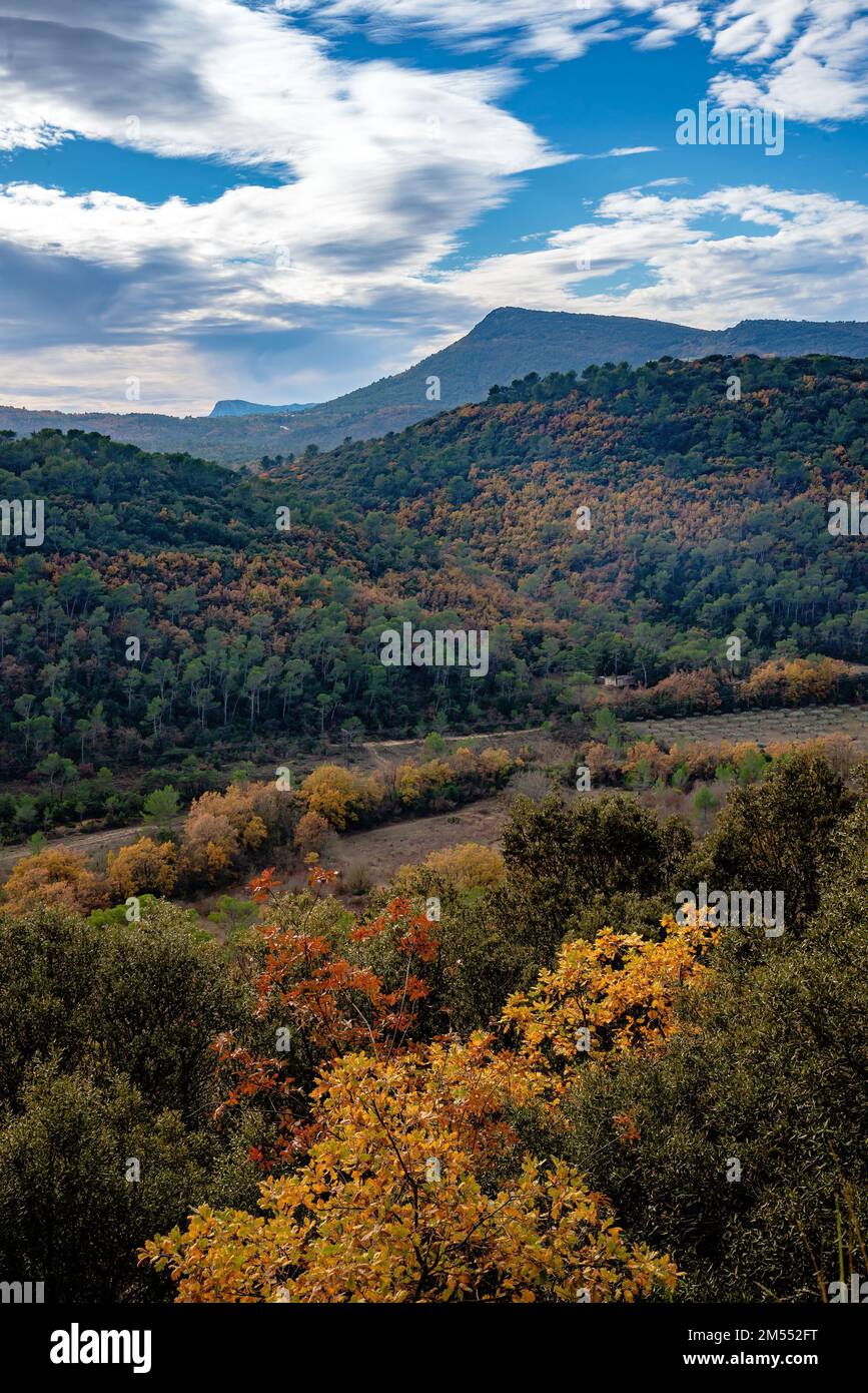 Vue sur les montagnes et les collines du Var en France, à la fin de l'automne. Les feuilles des arbres deviennent jaunes et rouges Banque D'Images