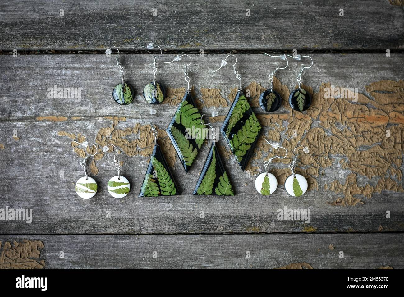 Boucles d'oreilles en gros plan avec ensemble de feuilles de fougères photo concept Banque D'Images