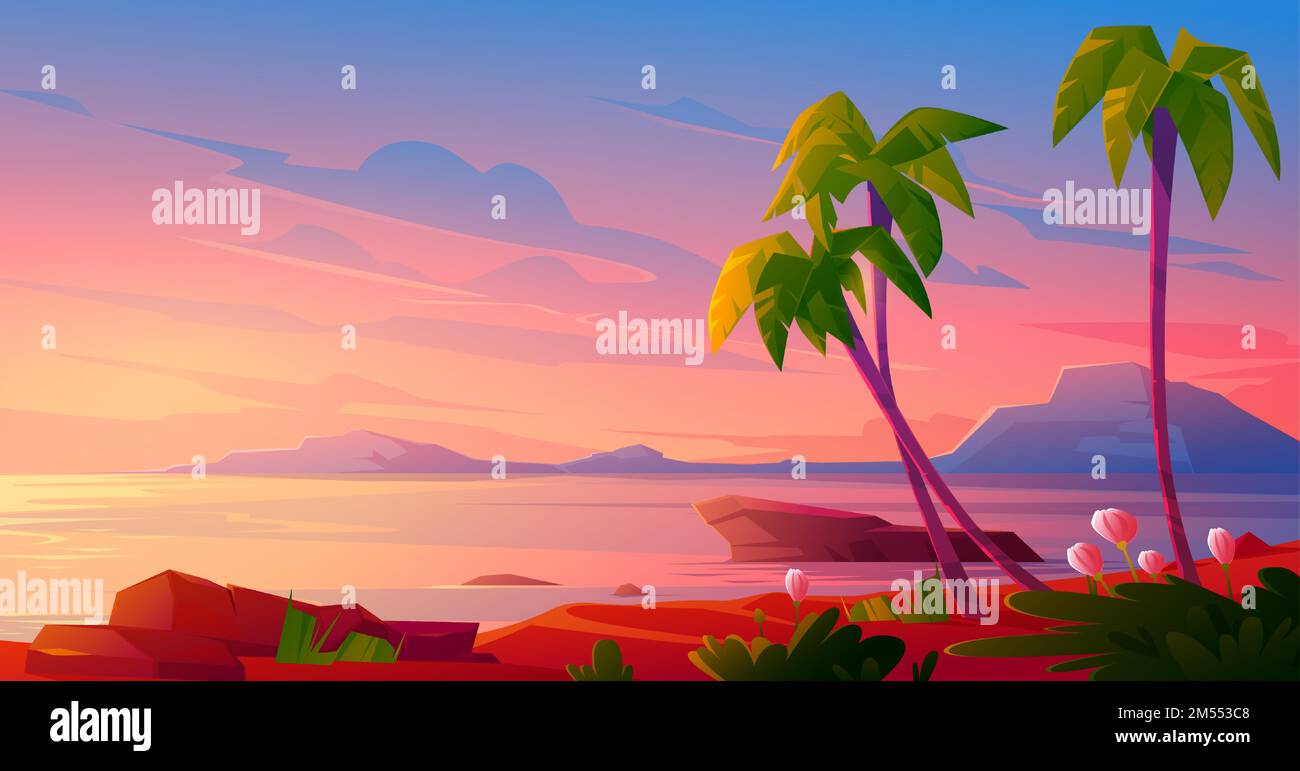 Coucher de soleil ou lever du soleil sur la plage, paysage tropical avec palmiers et belles fleurs en bord de mer sous ciel nuageux rose. Paradis idyllique le soir ou le matin, île dans l'océan, illustration vectorielle de dessin animé Illustration de Vecteur