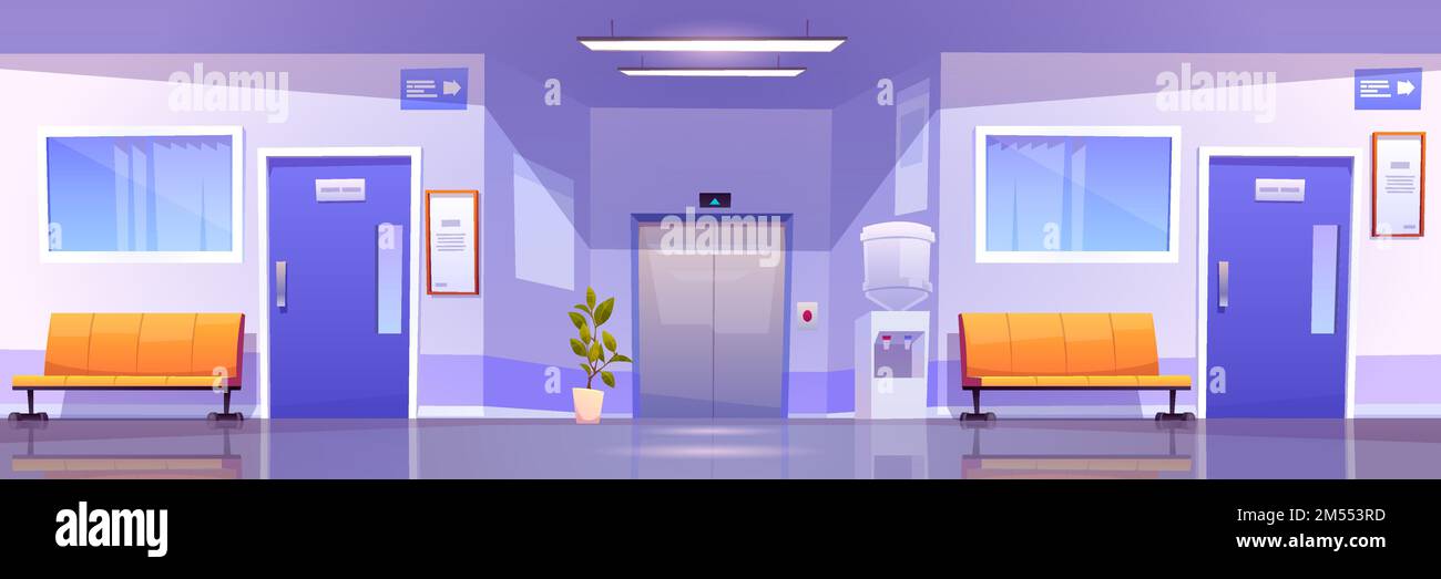 Couloir intérieur de l'hôpital, hall de la clinique médicale. Illustration vectorielle d'un couloir d'attente vide à l'hôpital avec chaises, portes vers les quartiers, refroidisseur d'eau et ascenseur Illustration de Vecteur