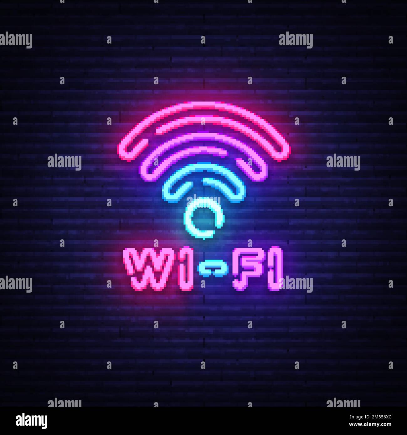 Vecteur de signe WiFi néon. Symbole Wi-Fi lettres lumineuses au néon brillant, bannière lumineuse, texte au néon. Illustration vectorielle. Panneau d'affichage. Illustration de Vecteur