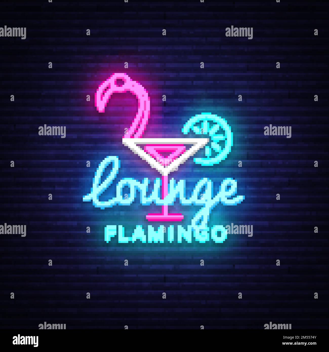 Bar-salon avec panneau à néon. Flamingo concept Design modèle enseigne néon, bannière lumière d'été, panneau néon, publicité lumineuse de nuit, lumière i Illustration de Vecteur