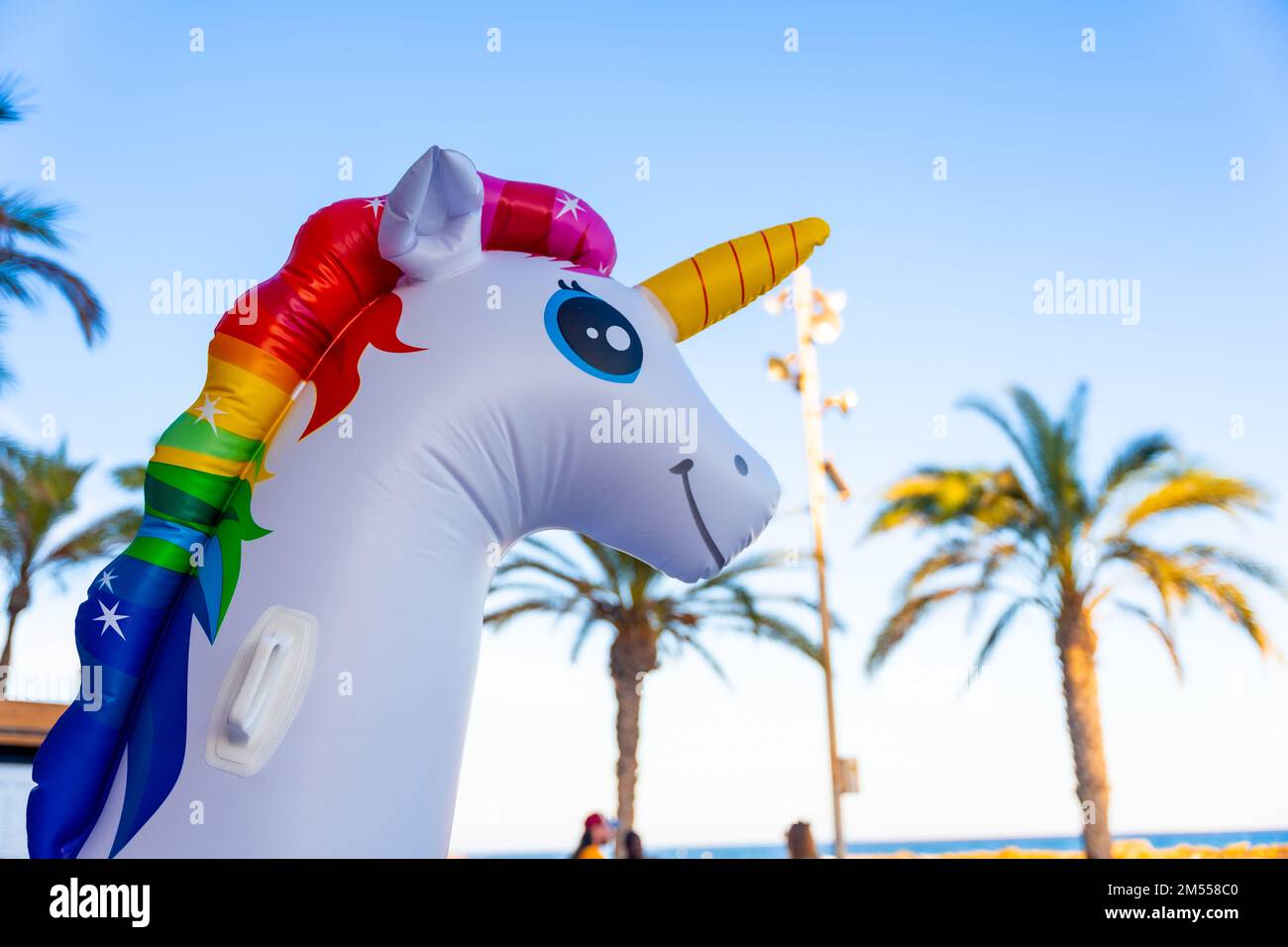 Un cliché sous angle d'une licorne gonflable colorée dans une piscine Banque D'Images