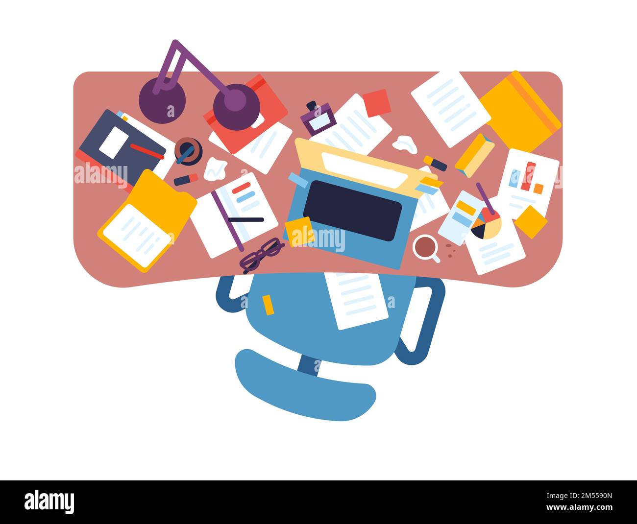 Vue de dessus d'un lieu de travail désordonné. Table de bureau avec ordinateur portable ou bloc-notes. Pages chaotiques sur le bureau. Lampe et tasse à café. Documents désorganisés. Étudiants ou Illustration de Vecteur