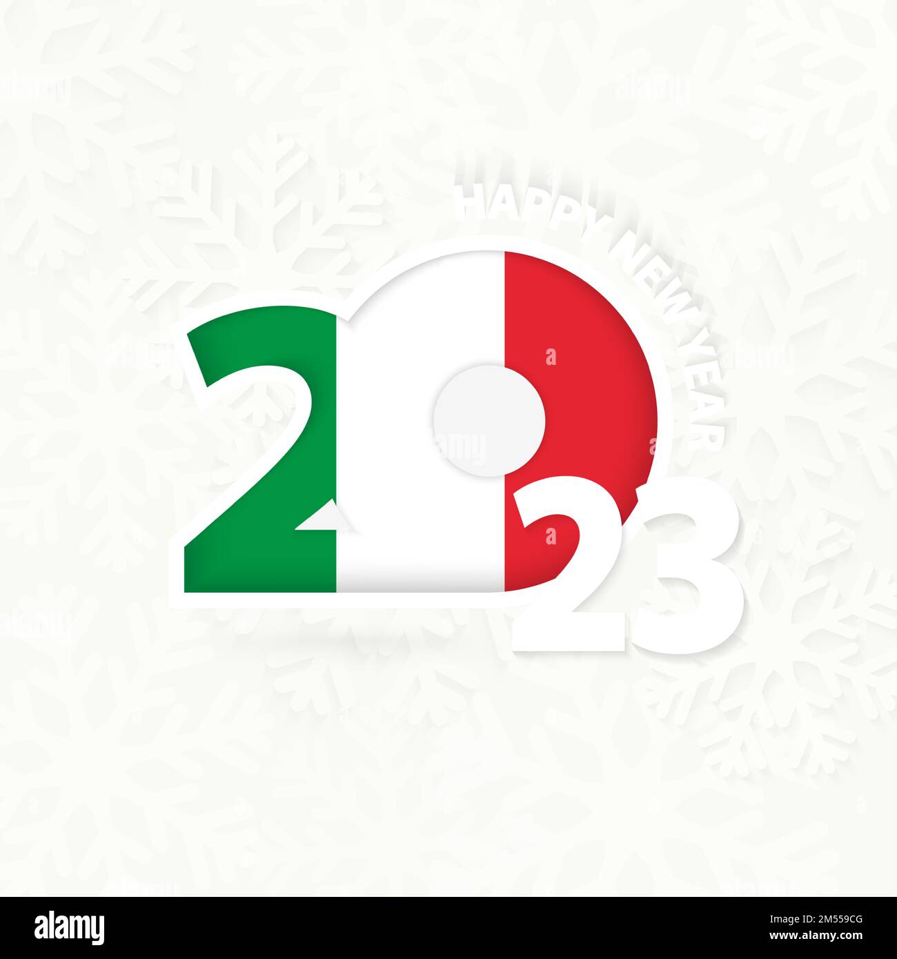Nouvel an 2023 pour l'Italie sur fond de flocon de neige. Saluez l'Italie avec le nouvel an 2023. Illustration de Vecteur