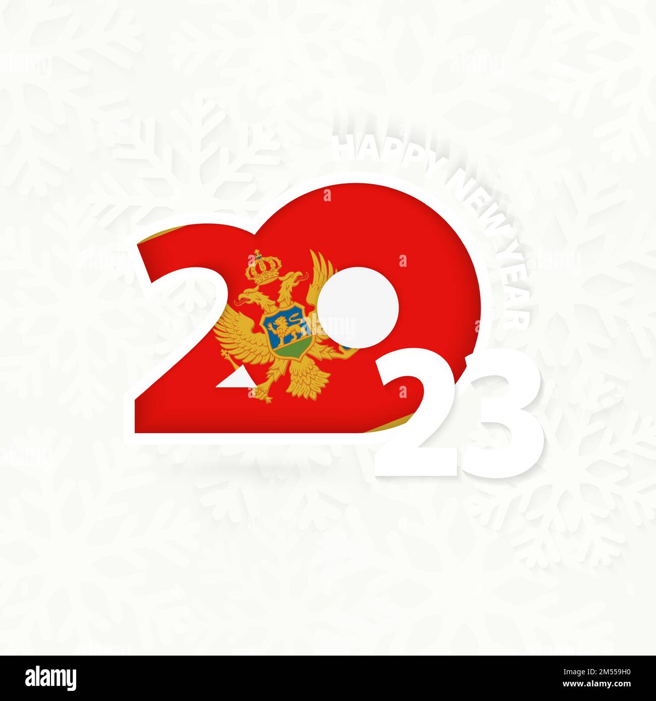 Nouvel an 2023 pour le Monténégro sur fond de flocon de neige. Saluez le Monténégro avec le nouvel an 2023. Illustration de Vecteur