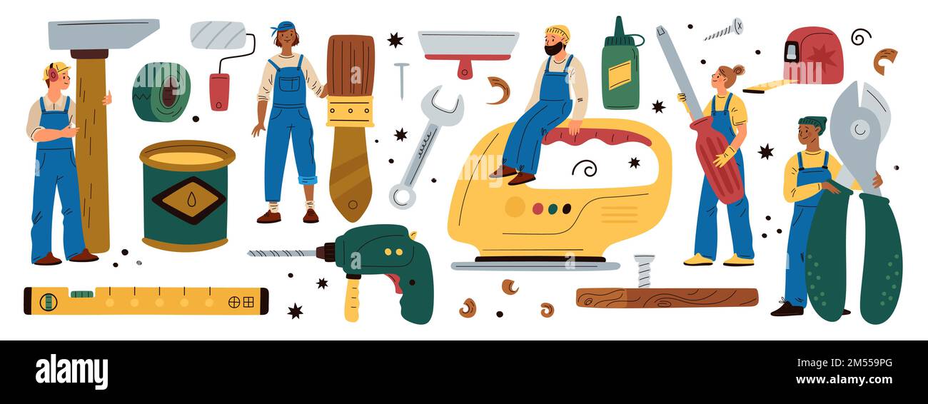 De petits réparateurs. Personnages de dessin animé. Outils de construction. Les employés en combinaison tiennent un marteau ou une pince. Équipe professionnelle. Tournevis et Illustration de Vecteur