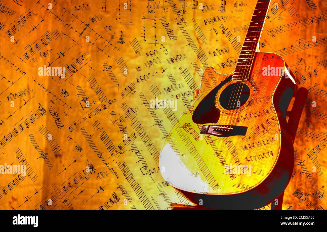 des notes de musique enveloppent une guitare classique dans un ancien  grenier Photo Stock - Alamy
