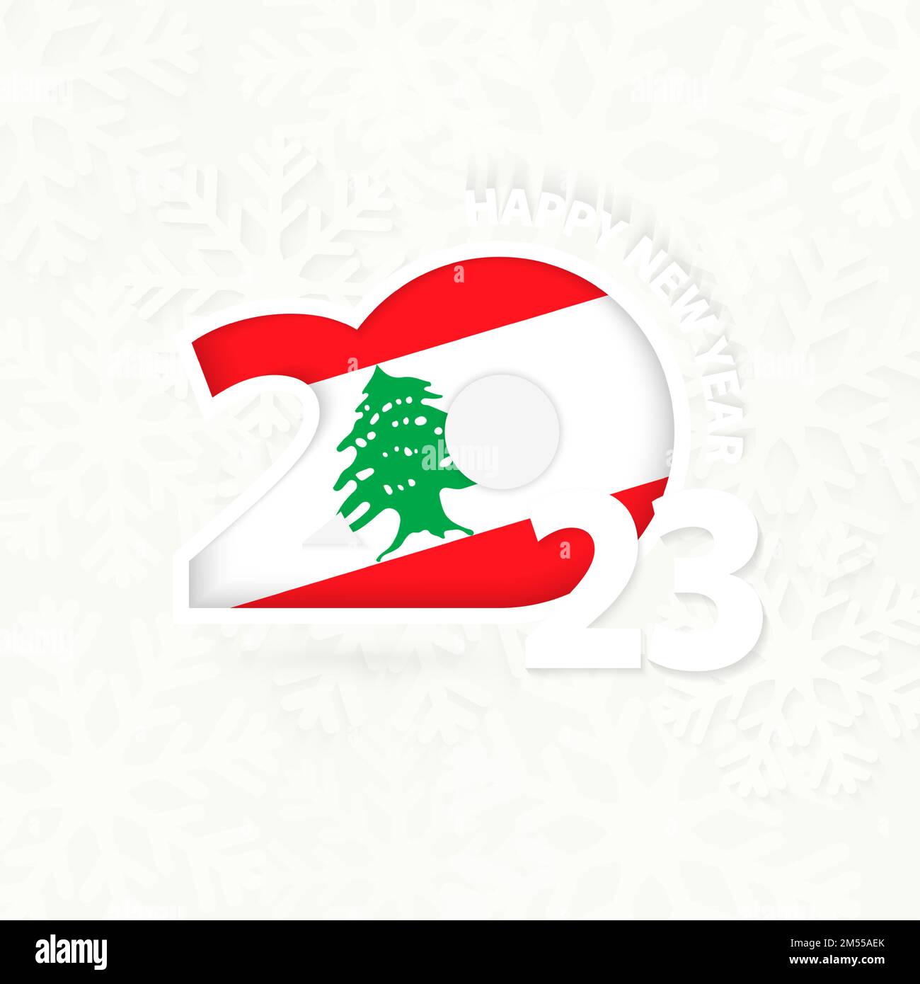 Nouvelle année 2023 pour le Liban sur fond de flocon de neige. Saluez le Liban avec la nouvelle année 2023. Illustration de Vecteur