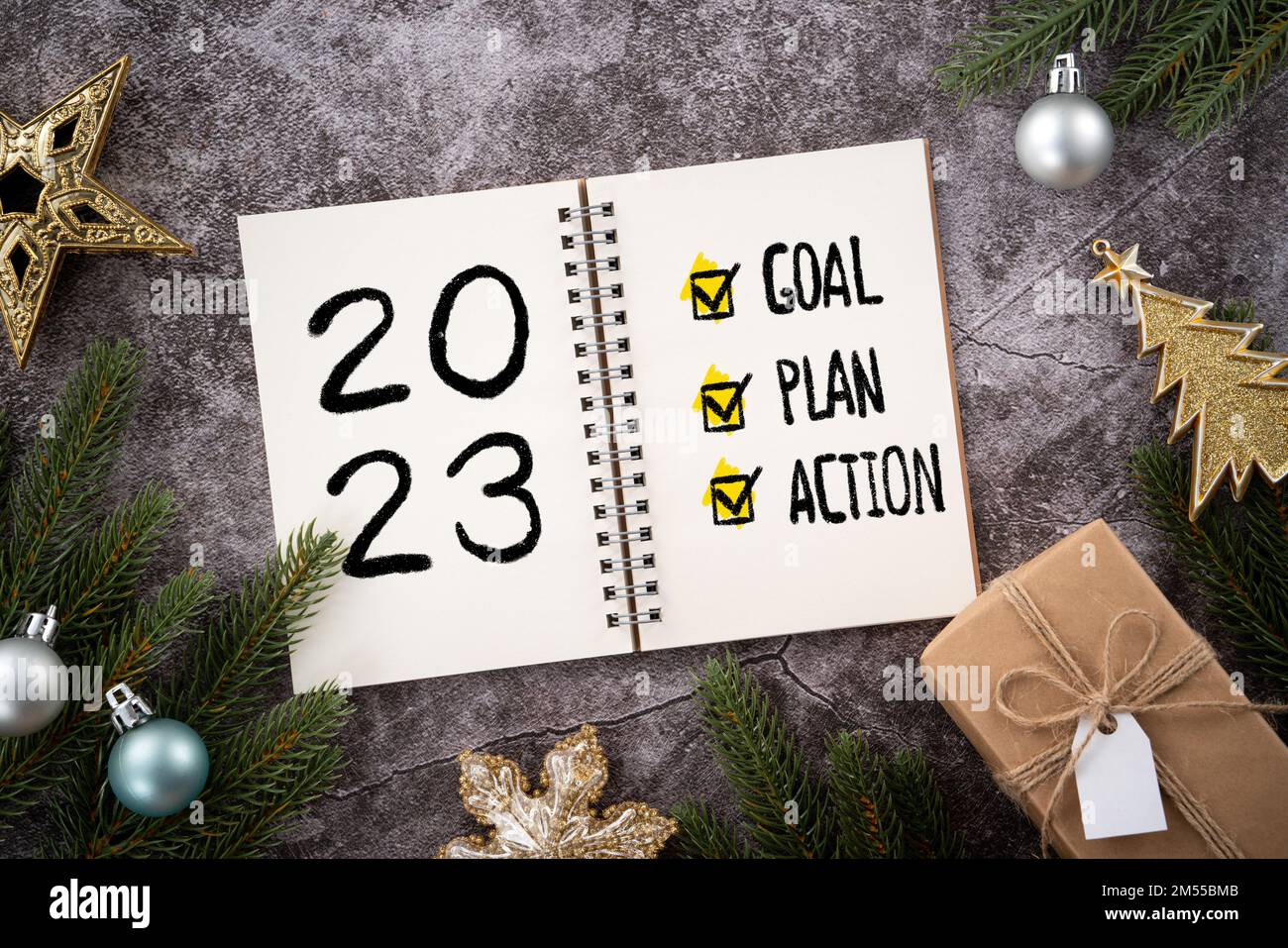 Noël et nouvel an de 2023 objectifs, plan et plan d'action concept, vision  et résolution de prévision Photo Stock - Alamy