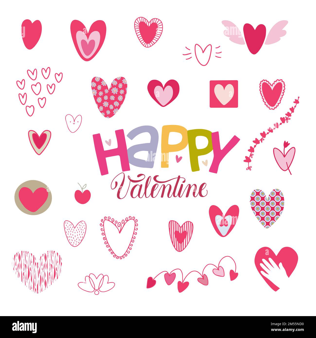 Ensemble de formes de coeur dessinées à la main et lettrage à la main Happy Valentine. Illustration de Vecteur