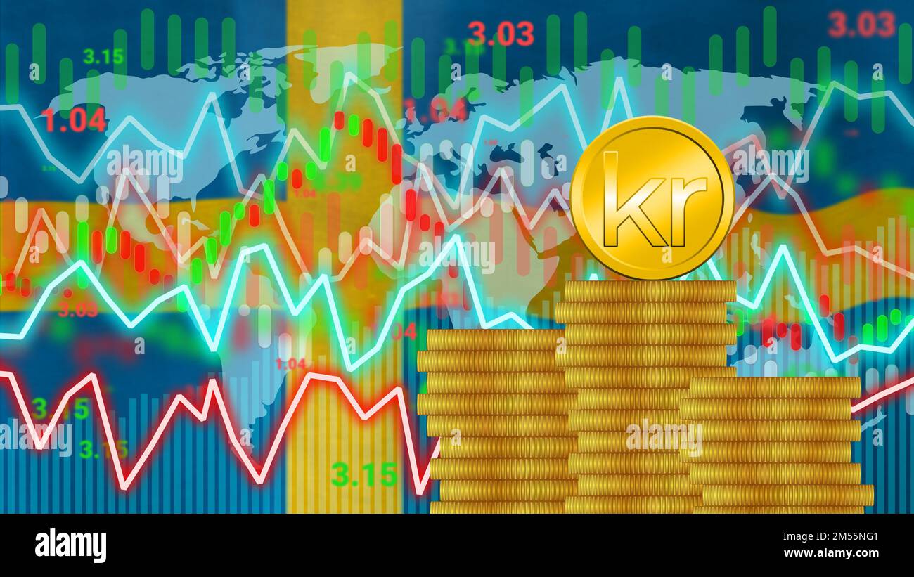 Modification de la valeur, du taux, de la demande sur le marché et du concept d'inflation de la couronne swidish avec drapeau national de l'Amérique. Banque D'Images
