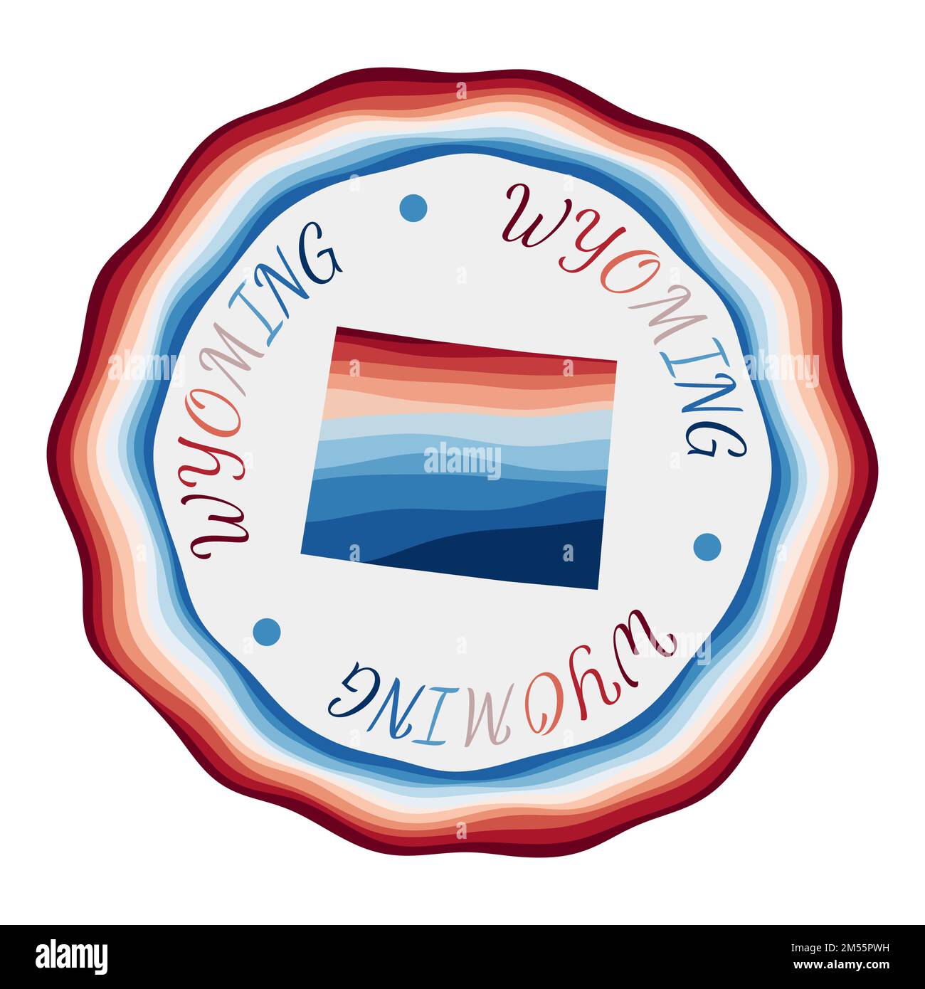 Badge Wyoming. Carte de l'état américain avec de belles vagues géométriques et un cadre rouge et bleu vif. Logo rond vif du Wyoming. Illustration vectorielle. Illustration de Vecteur