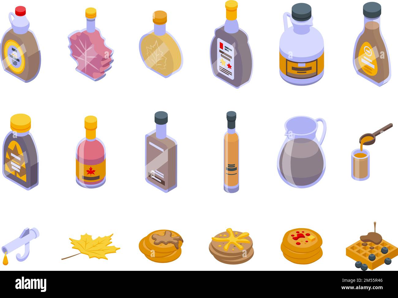 Les icônes de sirop d'érable définissent le vecteur isométrique. Bouteille de sucreries. Pile de crêpes Illustration de Vecteur
