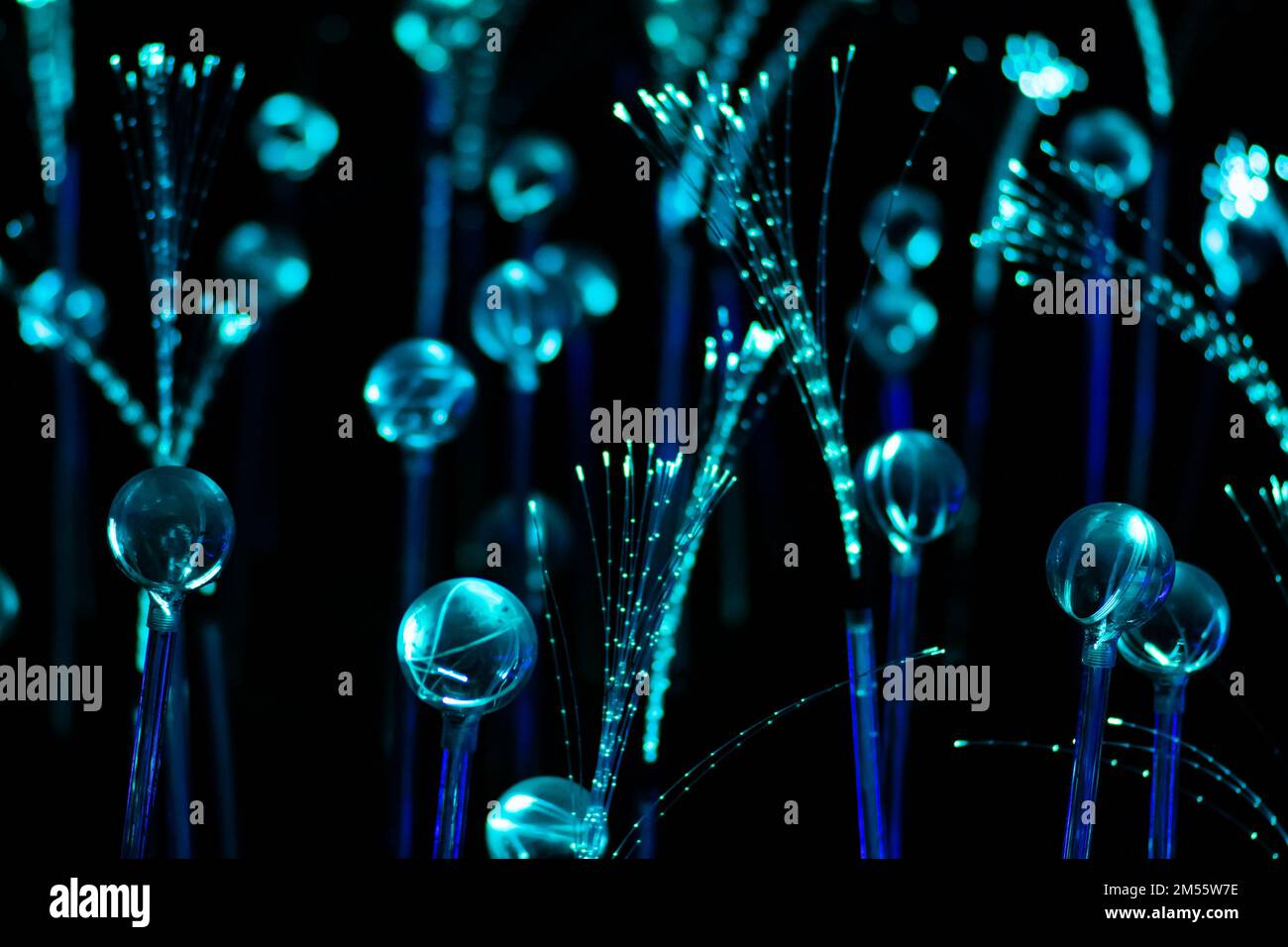 Fils ou filaments de fibres optiques bleus créant un arrière-plan abstrait magique fantastique Banque D'Images