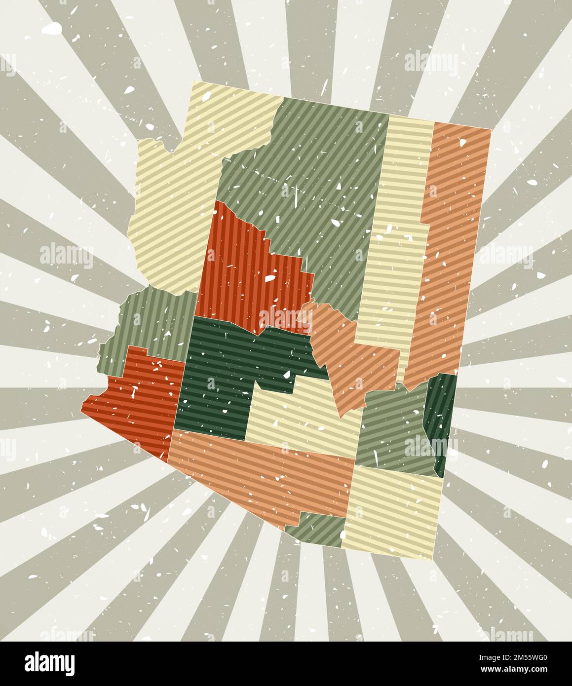 Carte vintage Arizona. Affiche grunge avec carte de l'état américain dans la palette de couleurs rétro. Forme de l'Arizona avec fond de rayons de soleil. Illustration de Vecteur