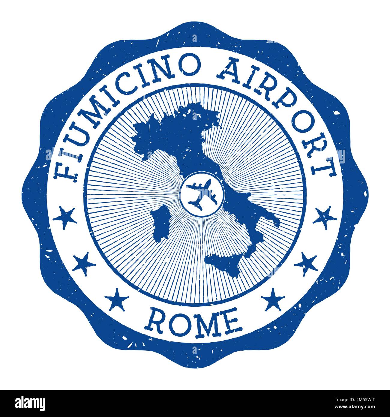 Aéroport Fiumicino timbre Rome. Logo rond de l'aéroport de Rome avec emplacement sur la carte de l'Italie marquée par un avion. Illustration vectorielle. Illustration de Vecteur
