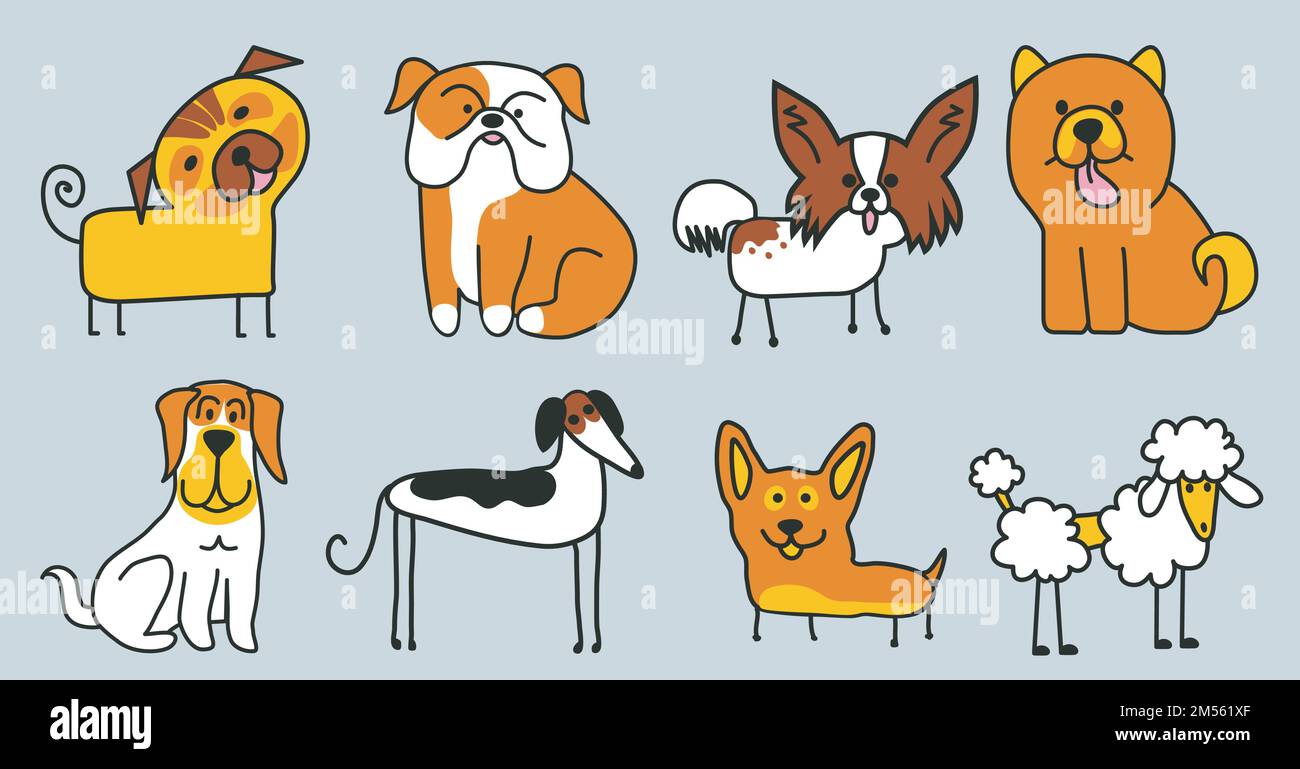 Modèle de nombreuses races de chiens différentes. poodle, malamute, terrier de renard, mastiff, shar pei, chihuahua, spitz Illustration de Vecteur