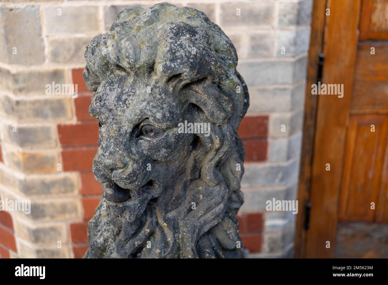 Statue ornementale traditionnelle représentant un lion assis, dans un parc public du Royaume-Uni. Banque D'Images