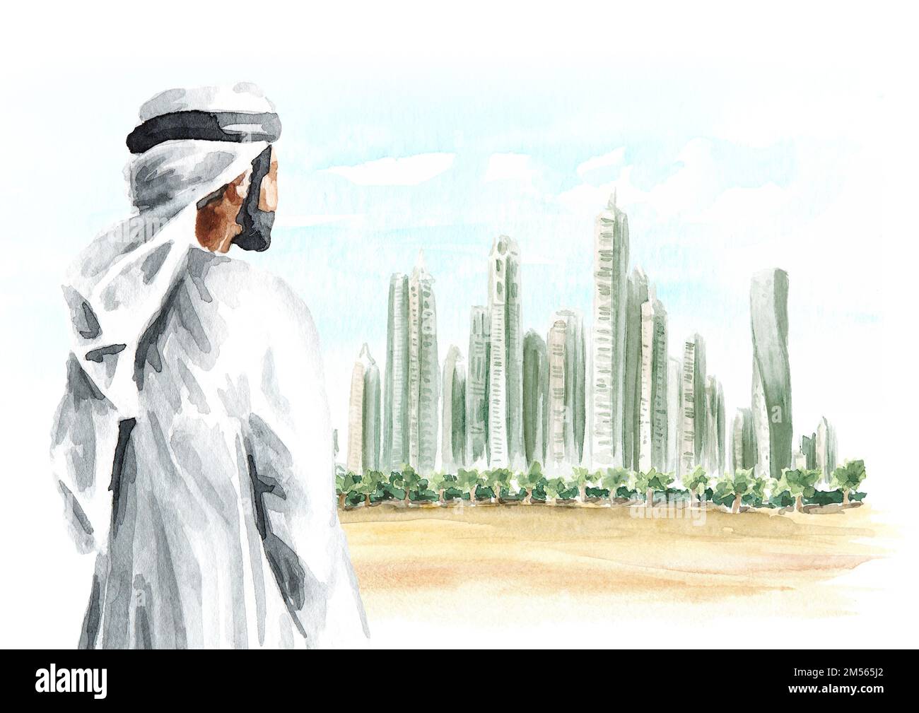 Homme arabe regardant la plage de Marina. Dubaï, Émirats arabes Unis. Illustration aquarelle dessinée à la main isolée sur fond blanc Banque D'Images