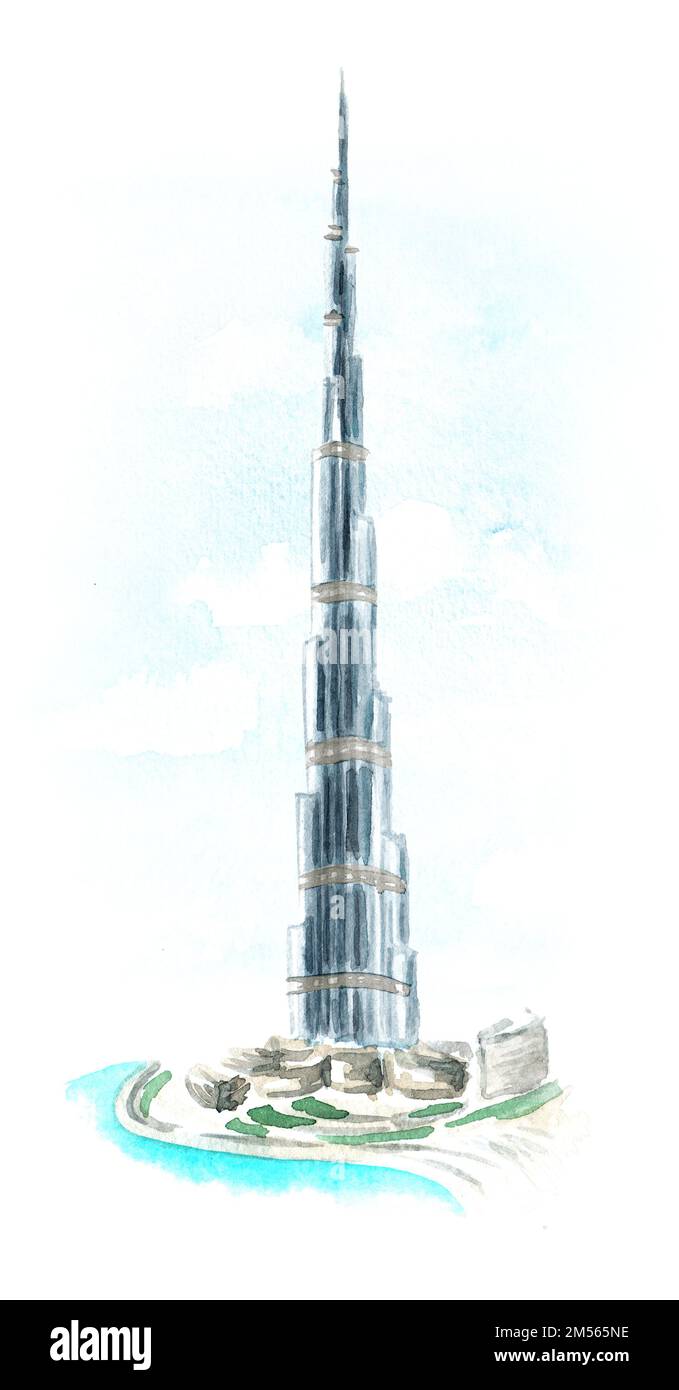 Tour Burj Khalifa. Dubaï, Émirats arabes Unis. Illustration aquarelle dessinée à la main isolée sur fond blanc Banque D'Images