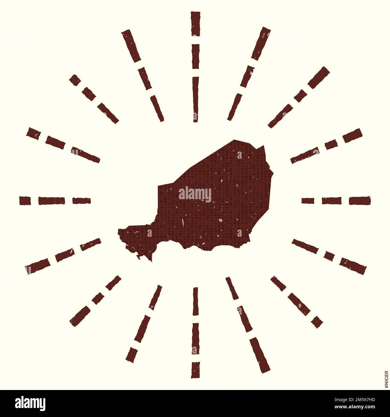 Logo Niger. Affiche grunge Sunburst avec carte du pays. Forme du Niger rempli de chiffres hexagonaux avec des rayons de soleil autour. Illustration de Vecteur Logo Niger. Affiche grunge Sunburst avec carte du pays. Forme du Niger rempli de chiffres hexagonaux avec des rayons de soleil autour. Illustration de Vecteur