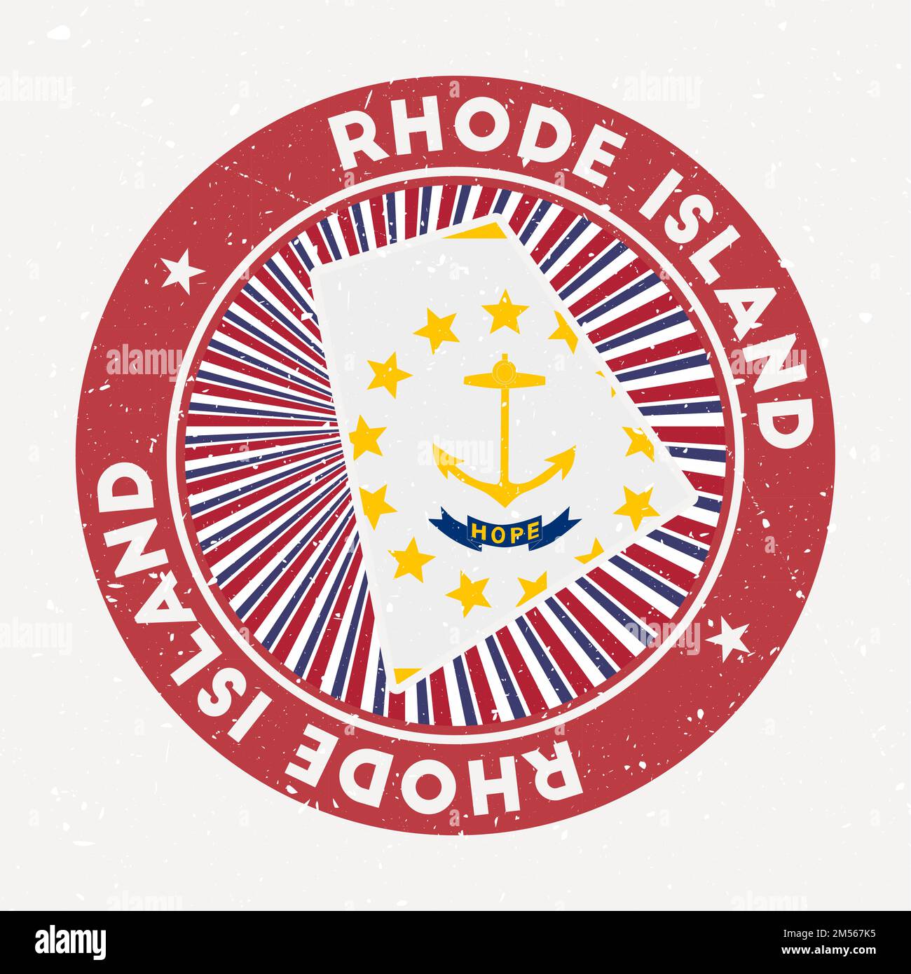 Timbre rond Rhode Island. Logo de l'état américain avec drapeau de l'État. Badge vintage avec texte circulaire et étoiles, illustration vectorielle. Illustration de Vecteur