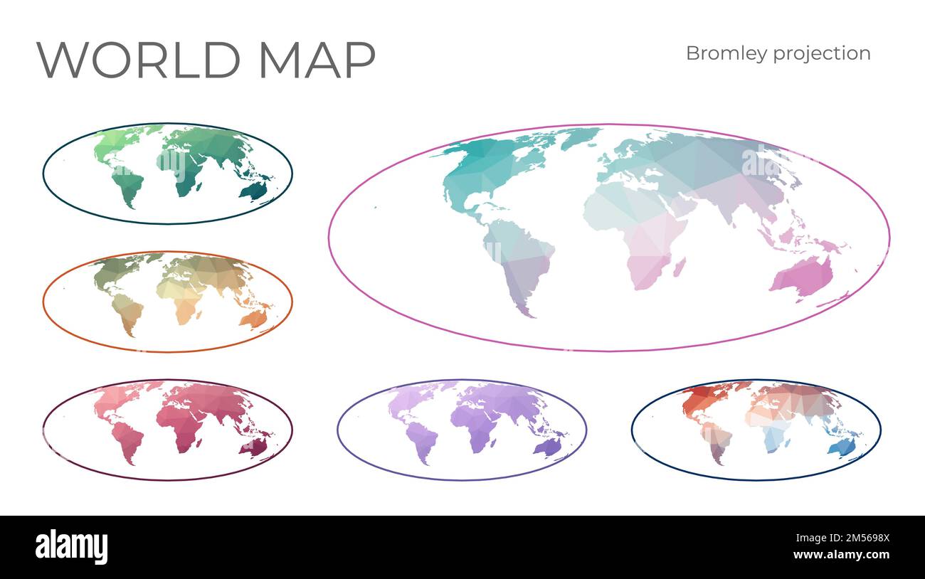 Jeu de cartes à faible Poly World. Projection Bromley. Collection de cartes du monde en style géométrique. Illustration vectorielle. Illustration de Vecteur