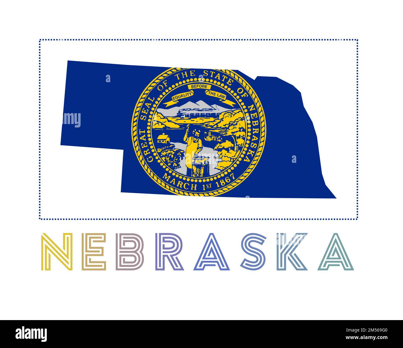 Logo Nebraska. Carte du Nebraska avec le nom de l'État et le drapeau. Superbe illustration vectorielle. Illustration de Vecteur