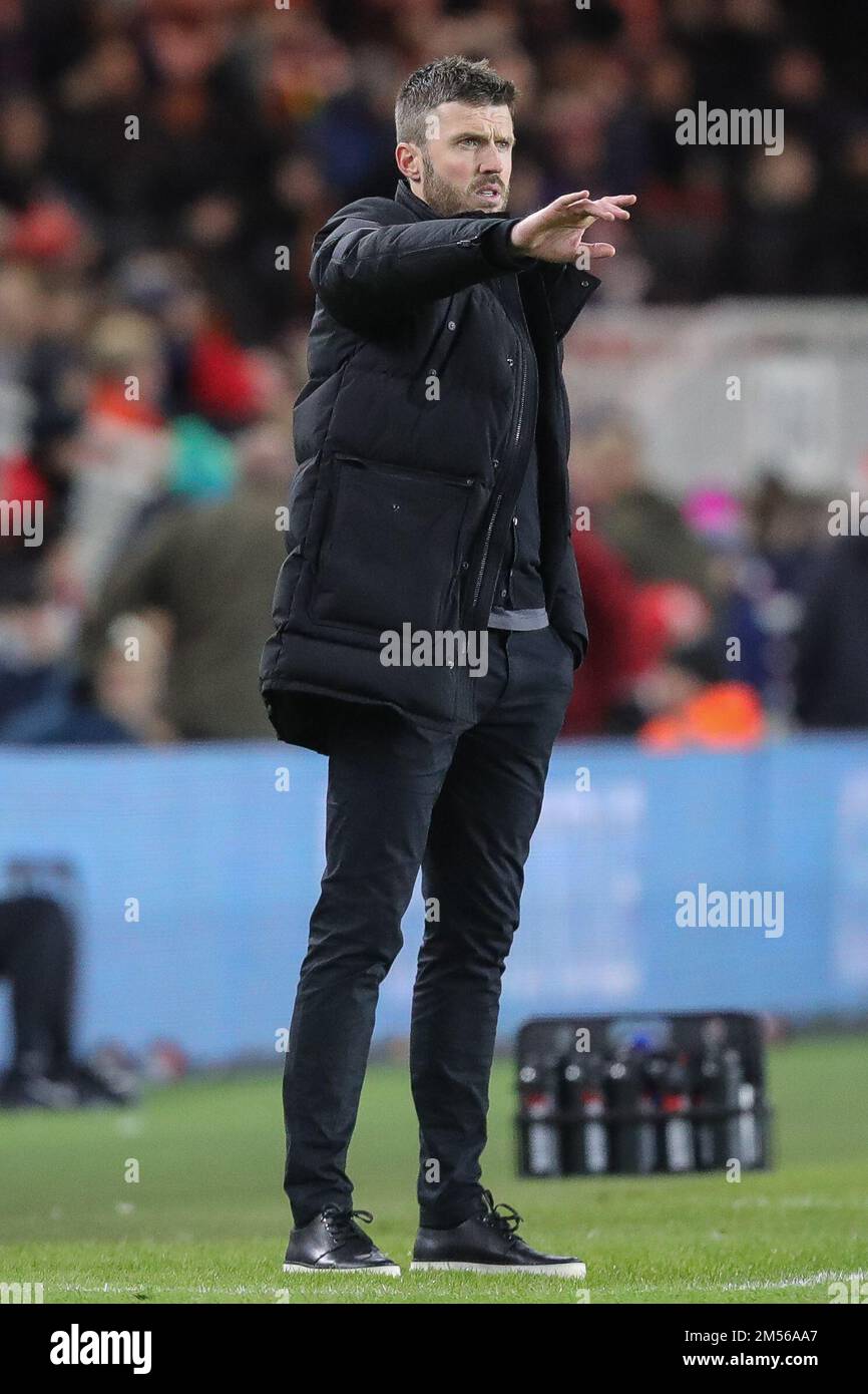 Middlesbrough, Royaume-Uni. 26th décembre 2022. Michael Carrick directeur de Middlesbrough gestes pendant le match de championnat Sky Bet Middlesbrough vs Wigan Athletic au stade Riverside, Middlesbrough, Royaume-Uni, 26th décembre 2022 (photo de James Heaton/News Images) à Middlesbrough, Royaume-Uni, le 12/26/2022. (Photo de James Heaton/News Images/Sipa USA) crédit: SIPA USA/Alay Live News Banque D'Images