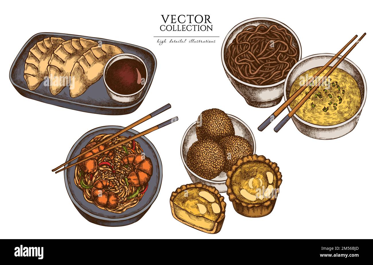 Collection d'illustrations asiatiques d'époque. Logos dessinés à la main avec jiaozi, jian dui, tarte aux œufs, nouilles aux crevettes, soupe aux œufs, bol à nouilles. Illustration de Vecteur