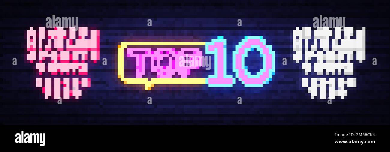 Top 10 des vecteurs de texte néon. Top dix enseignes au néon, modèle de conception, design moderne, panneau de signalisation au néon de nuit, publicité lumineuse de nuit, bannière lumineuse, lumière Illustration de Vecteur