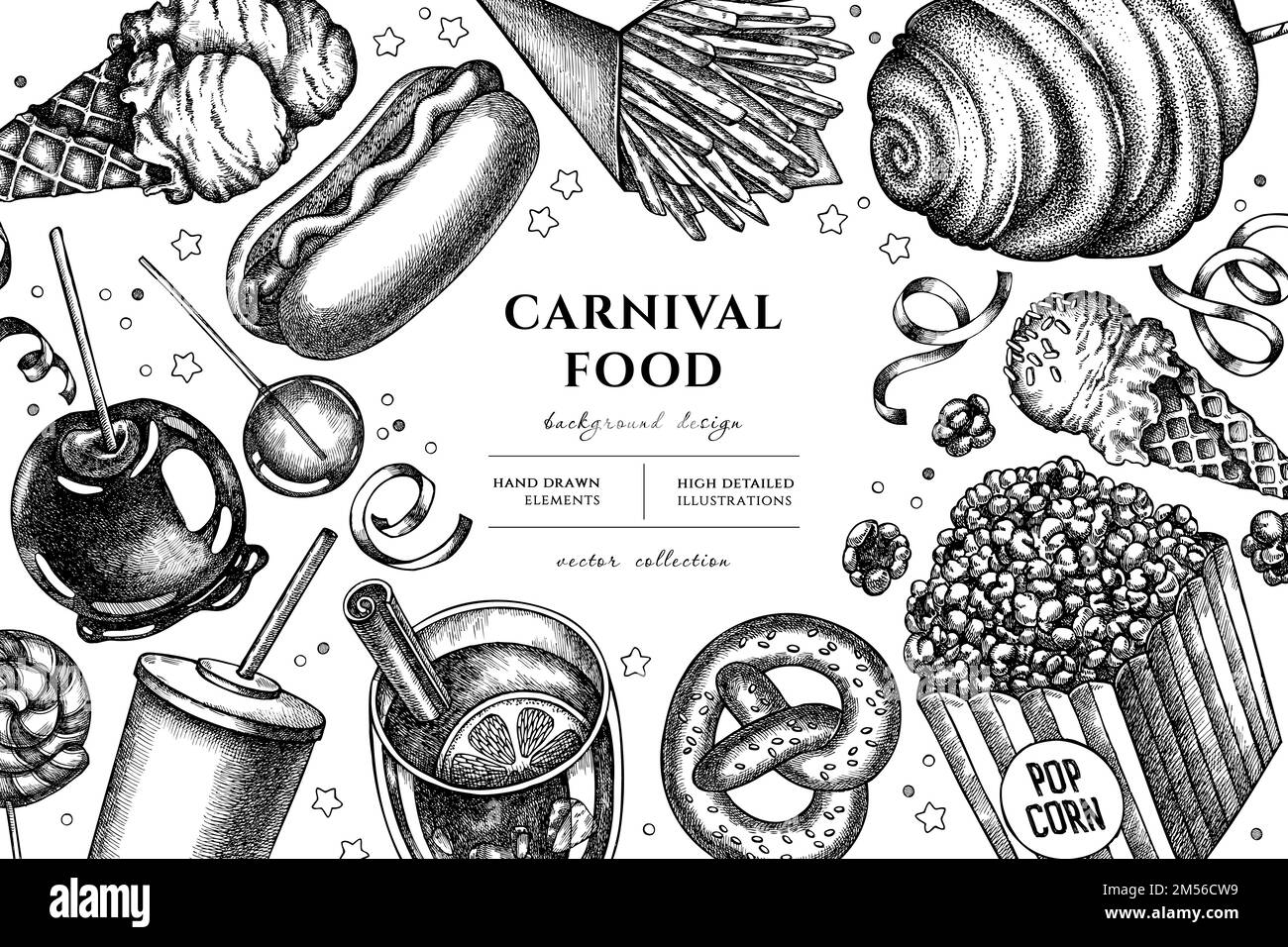 Dessin d'illustration de Carnival Food dessiné à la main. Arrière-plan avec frites, bretzel, pop-corn, limonade, hot dog, vin chaud, pomme caramel Illustration de Vecteur