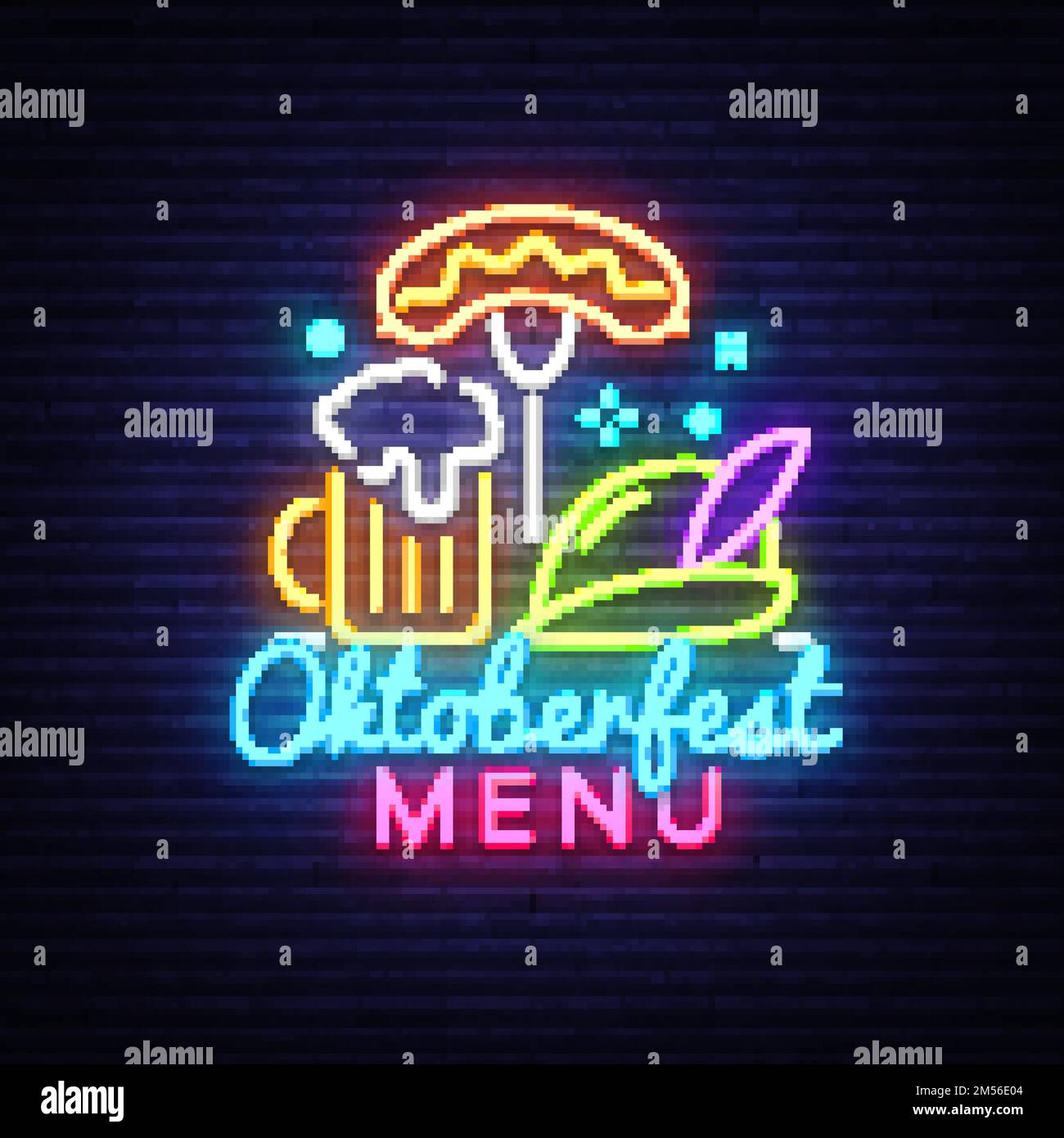 Neon Poster au festival de l'oktoberfest. Oktoberfest Menu Neon Sign Vintage vector gravure illustration pour l'invitation à la fête. Modèle de conception, Illustration de Vecteur