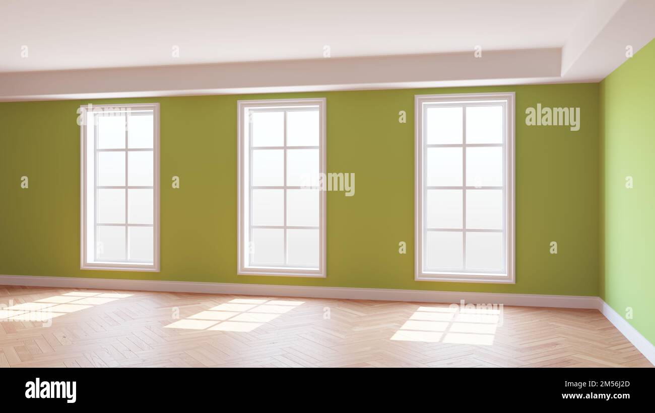 Intérieur ensoleillé de la chambre vert clair avec trois grandes fenêtres, parquet brillant clair à chevrons et un Plinth blanc. Magnifique concept de la chambre vide. Rendu 3D, Ultra HD 8K, 7680 x 4320 Banque D'Images