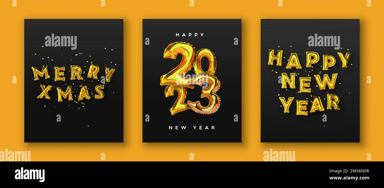 Joyeux Noël bonne année 2023 carte de voeux ensemble de 3D ballons d'or sur fond noir avec confetti de fête. Bulles métalliques typographie qu Illustration de Vecteur