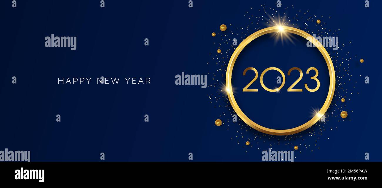 Illustration de la bannière Web du nouvel an 2023. Cadre doré à 3D anneaux avec paillettes de fête et date du numéro de calendrier sur fond bleu. Célébration VIP de luxe Illustration de Vecteur