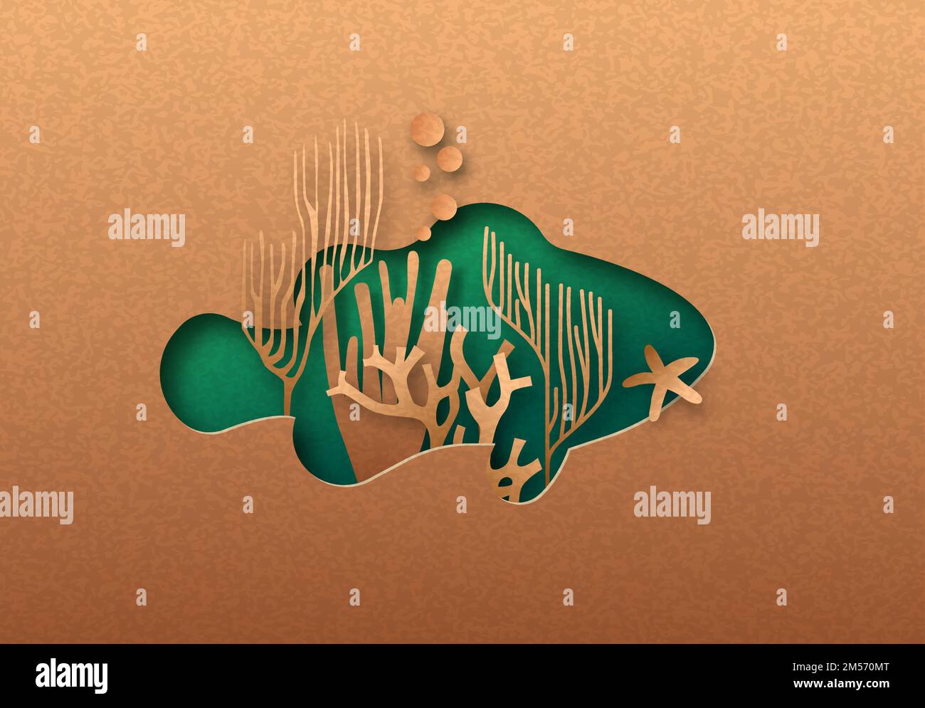 Vert clown poisson isolé coupe de papier avec récif tropical de corail à l'intérieur. Découpe de tortue de texture de papier recyclé. Conservation de la faune, océan pr Illustration de Vecteur