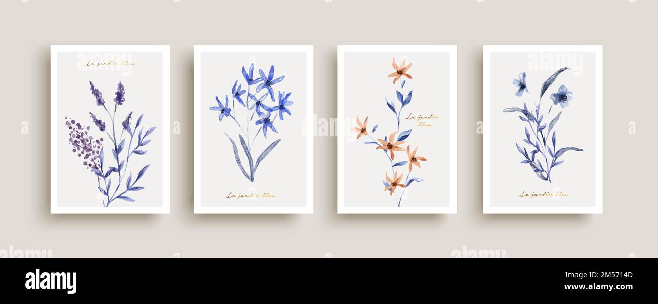 Belle collection d'illustrations de bouquet de fleurs bleu aquarelle avec citation de texte en français. Ensemble d'art floral pour le concept du printemps, mariage Illustration de Vecteur