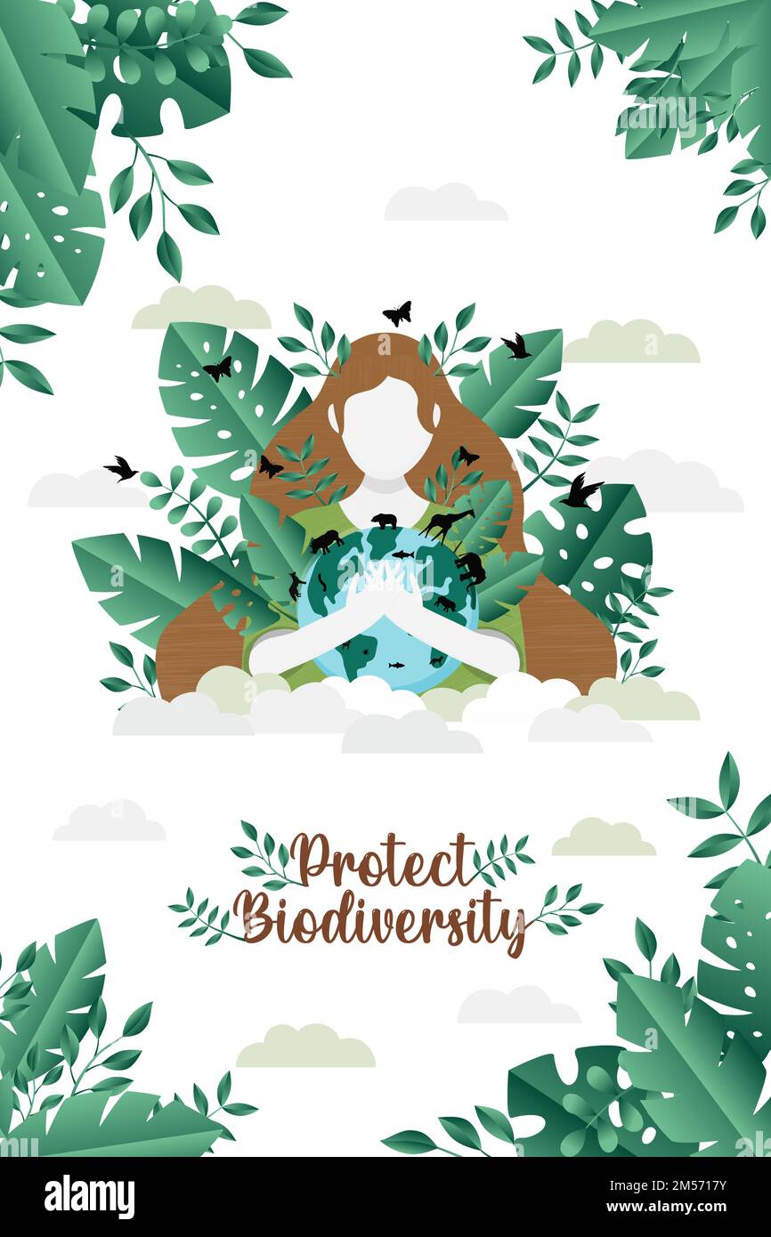 Protéger la diversité carte de vœux verticale illustration de mère nature femme embrassant la terre de la planète avec des feuilles de plantes vertes et des animaux sauvages. Environnement Illustration de Vecteur