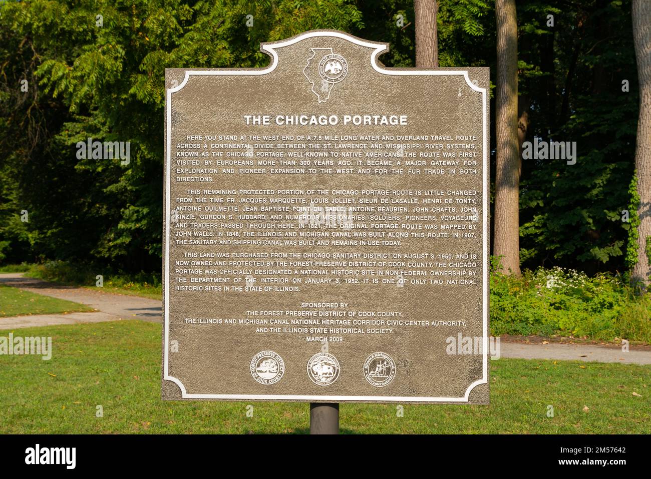 Lyons, Illinois - Etats-Unis - 15 septembre 2022: Chicago Portage historique panneau de point de repère. Banque D'Images