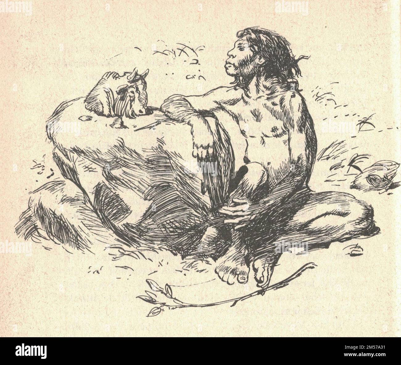 Un homme préhistorique fait la figure d'un bison. Ancienne illustration en noir et blanc. Dessin vintage. Illustration par Zdenek Burian. Zdenek Michael Frantisek Burian (11 février 1905 à Koprivnice, Moravie, Autriche-Hongrie 1 juillet 1981 à Prague, Tchécoslovaquie) est un peintre, illustrateur de livres et paléoartiste tchèque dont les travaux ont joué un rôle central dans le développement de la reconstruction paléontologique. À l'origine reconnue uniquement en Tchécoslovaquie natale, la renommée de Burian s'est par la suite étendue à un public international au cours d'une carrière remarquable s'étendant sur six décennies (1930s à 1980s). Il est considéré par beaucoup Banque D'Images