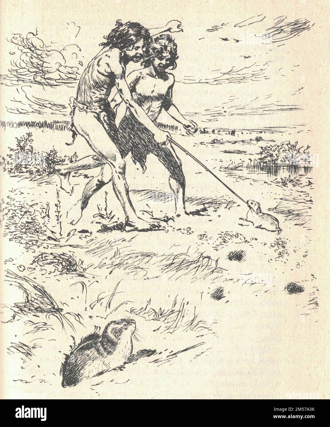 Les garçons préhistoriques jouent avec un lemming. Une représentation d'un animal préhistorique. Ancienne illustration en noir et blanc. Dessin vintage. Illustration par Zdenek Burian. Zdenek Michael Frantisek Burian (11 février 1905 à Koprivnice, Moravie, Autriche-Hongrie 1 juillet 1981 à Prague, Tchécoslovaquie) est un peintre, illustrateur de livres et paléoartiste tchèque dont les travaux ont joué un rôle central dans le développement de la reconstruction paléontologique. À l'origine reconnue uniquement en Tchécoslovaquie natale, la renommée de Burian s'est par la suite étendue à un public international au cours d'une carrière remarquable s'étendant sur six décennies (1930s à Banque D'Images