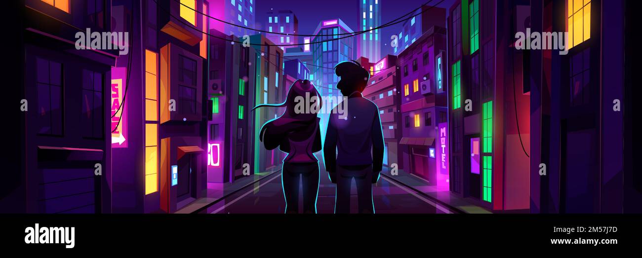 Silhouettes de couple debout dans la rue de nuit de ville illuminée avec des lumières de néon. Illustration de dessin animé vectoriel de l'homme et de la femme regardant des bâtiments modernes et des gratte-ciels avec des fenêtres colorées, des signes Illustration de Vecteur