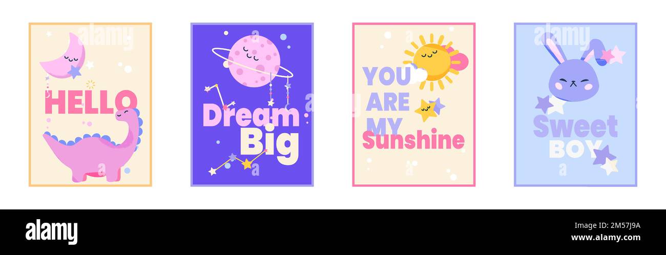 Ensemble mignon d'affiches de pépinière boho clipart colorées. Illustration vectorielle de dessin animé d'une carte de douche de bébé ou d'une décoration de chambre à coucher avec doux dinosaures, soleil, lune, étoiles et personnages de planète dans des couleurs pastel Illustration de Vecteur