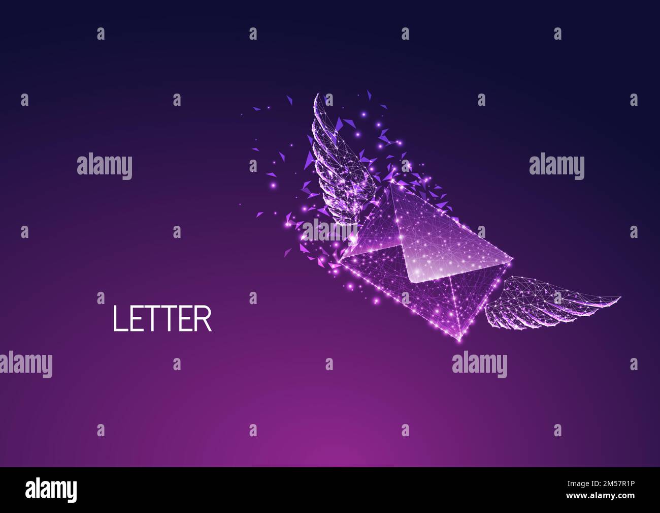 Concept futuriste de livraison rapide et d'affranchissement express avec enveloppe polygonale basse lumineuse avec ailes isolées sur fond violet foncé. Cadre métallique moderne Illustration de Vecteur