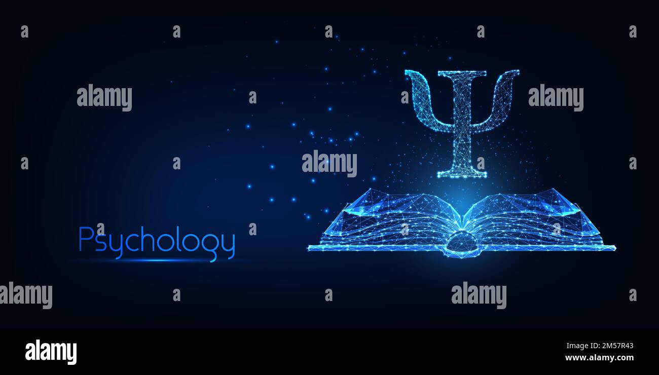 Concept de psychologie futuriste avec livre ouvert polygonal bas et psi lettre grecque isolée sur fond bleu foncé. Conception de maillage à structure métallique moderne Illustration de Vecteur