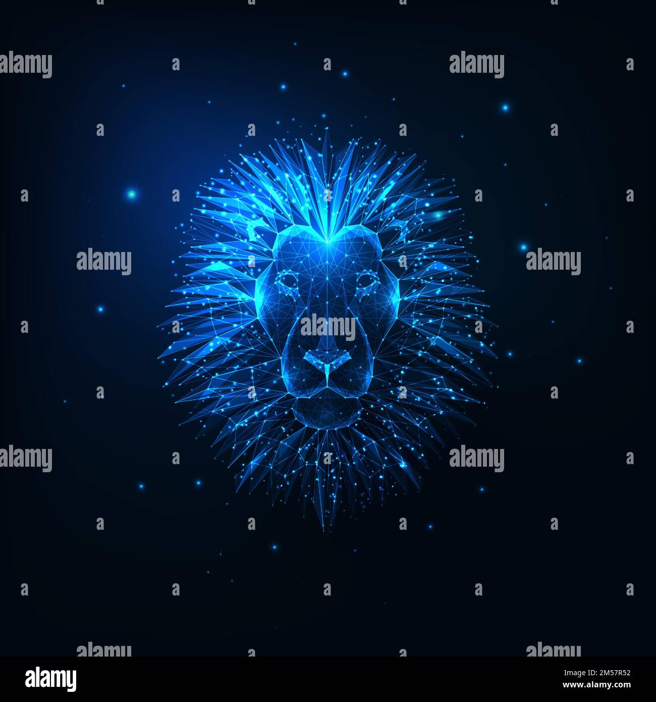 Tête de lion polygonale sombre et futuriste isolée sur fond bleu foncé. Illustration vectorielle de la conception de maillage à cadre métallique moderne. Illustration de Vecteur