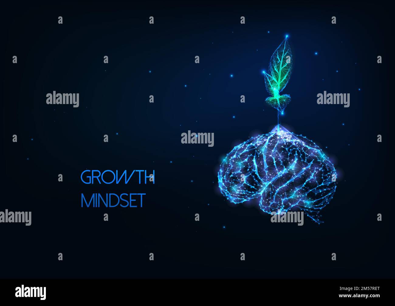Concept futuriste d'état d'esprit de croissance avec une plante verte polygonale luminante provenant du cerveau humain isolée sur fond bleu foncé. Élément filaire moderne Illustration de Vecteur